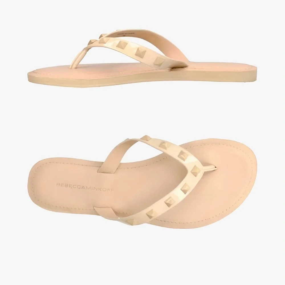 REBECCA MINKOFF Fiona Leather Nude Studded Flip Flops Thong Sandals Tan Shoes